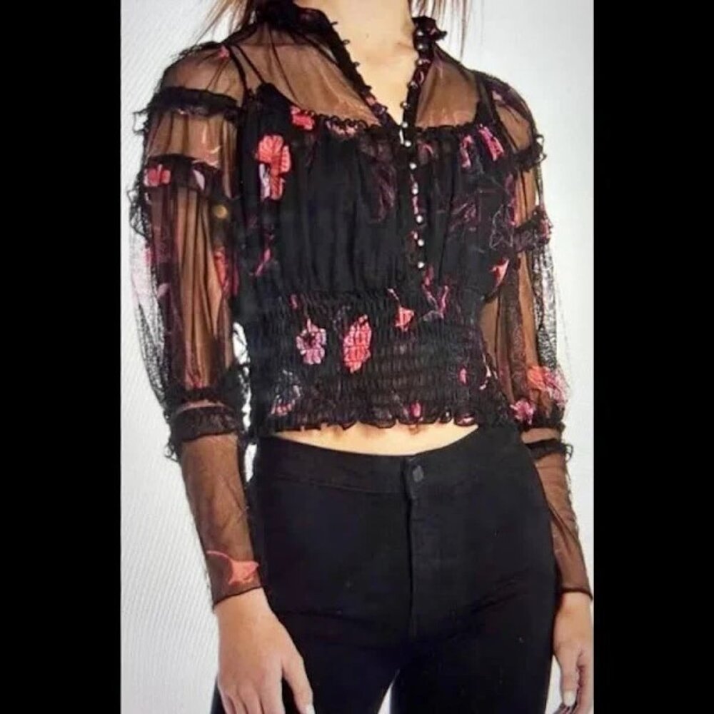 Free People Time For Shine Sheer Long Sleeve Blouse Dark Romance Combo. Size S.